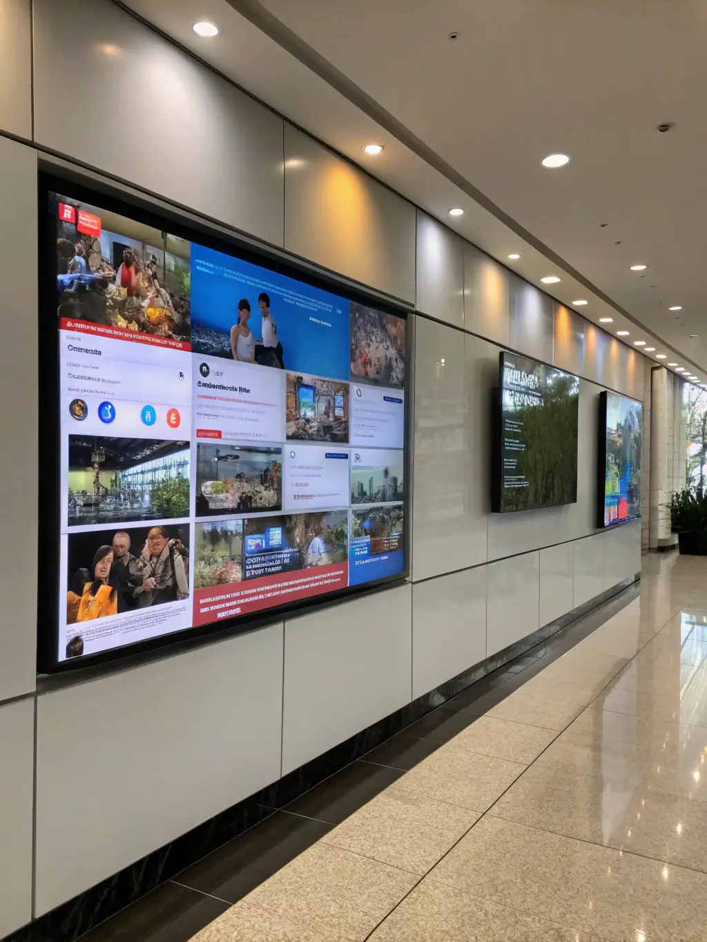 A dynamic digital signage display showcasing animated graphics and synchronized lighting effects, highlighting the engaging visual experiences created through bespoke programming.