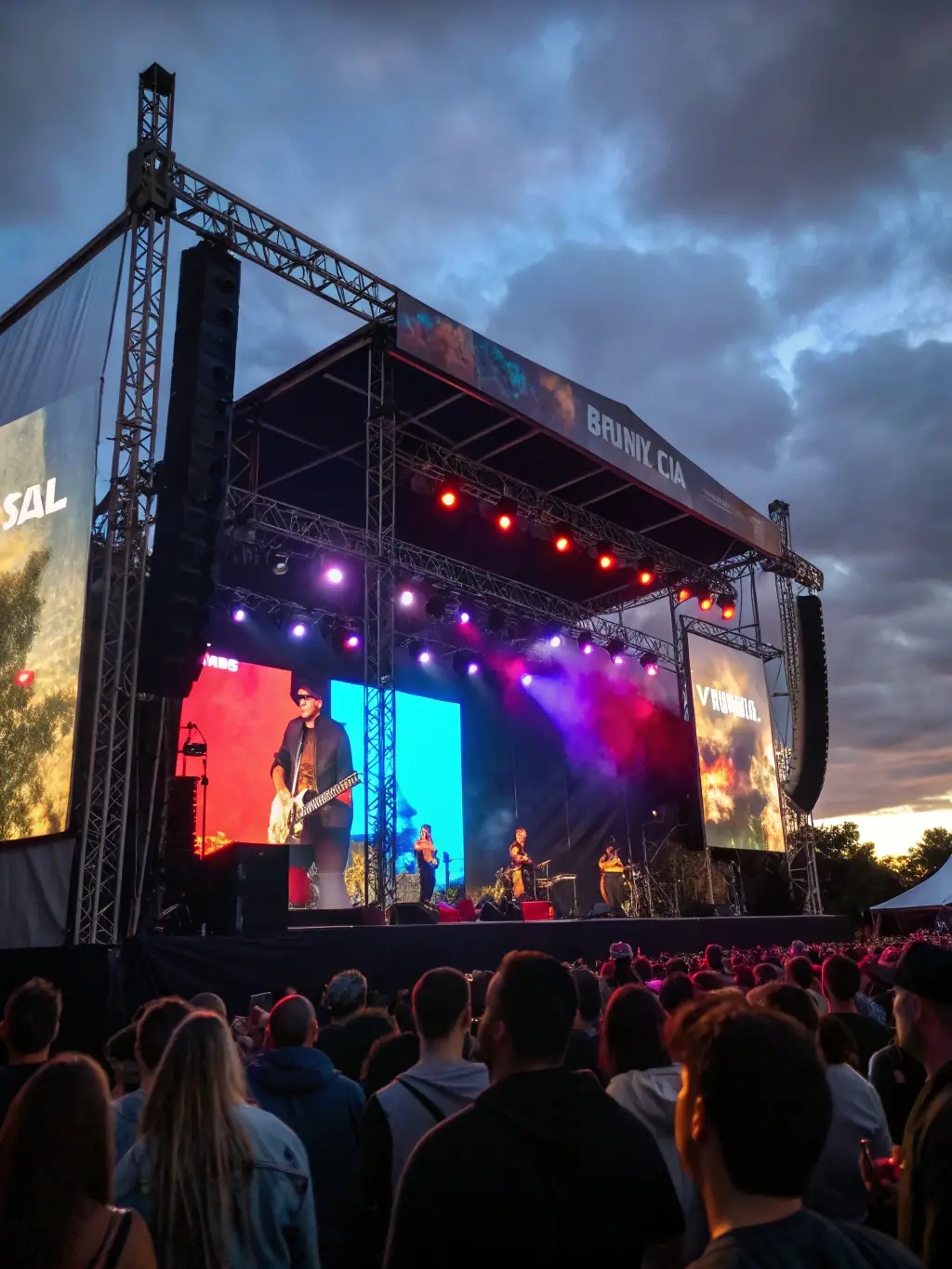 A vibrant stage lighting setup at a music festival, with colorful lights synchronized to the music, creating an energetic and immersive atmosphere.