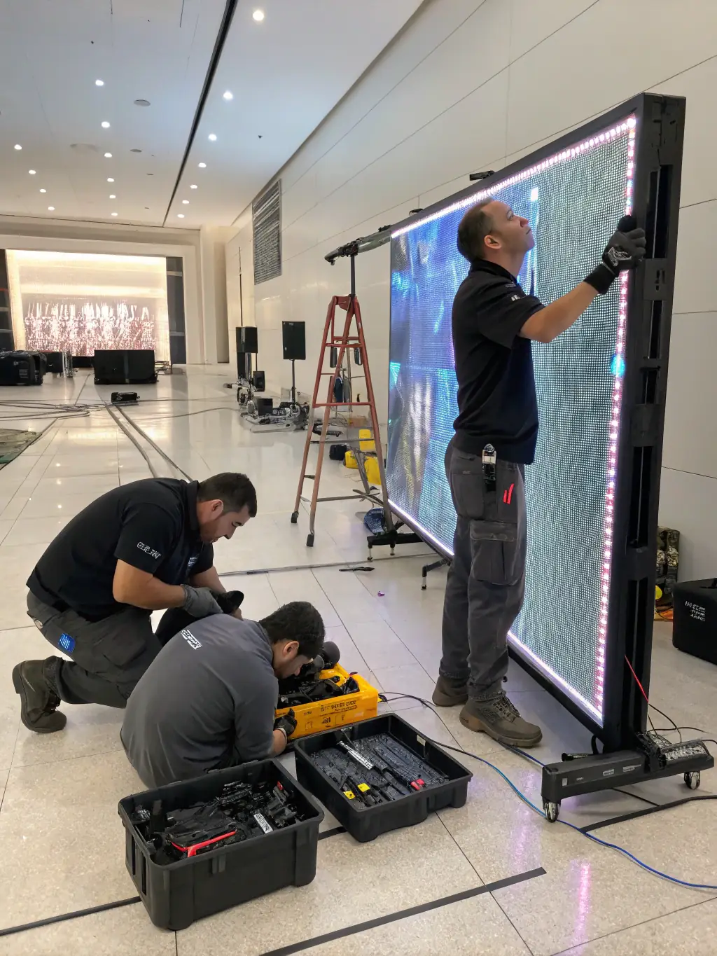 A close-up shot of an LED panel being meticulously installed by a technician, showcasing the precision and care taken during the installation process.