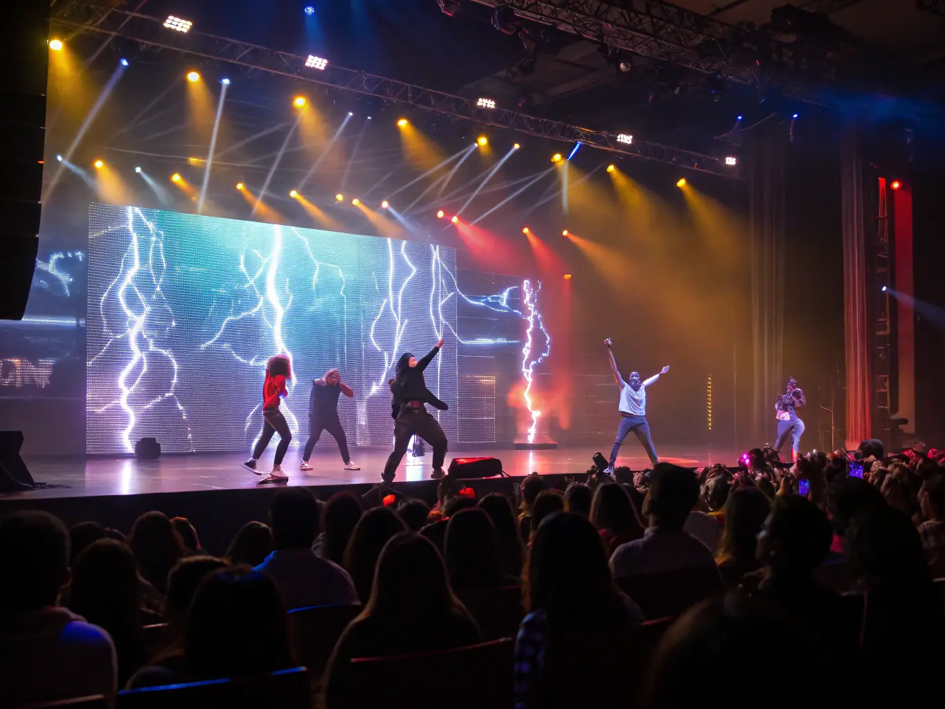 A vibrant stage lighting setup with dynamic color changes and synchronized effects, enhancing the atmosphere of a live event.