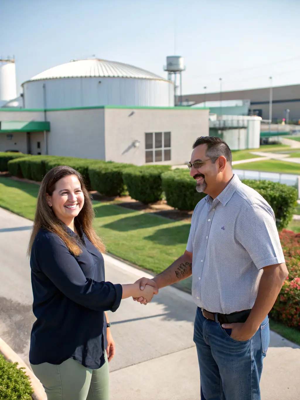 A satisfied client shaking hands with a Big Show Programming team member in front of a newly installed LED display, symbolizing the company's commitment to customer satisfaction.